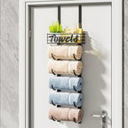 HapiRm Towel Racks for Bathroom Storage - 6 Tier Over The Door & Wall Mount Rolled Towel Storage Organizer Holder with Metal Shelf Basket for Small Bathroom, Camper, Rv - Black, Patented