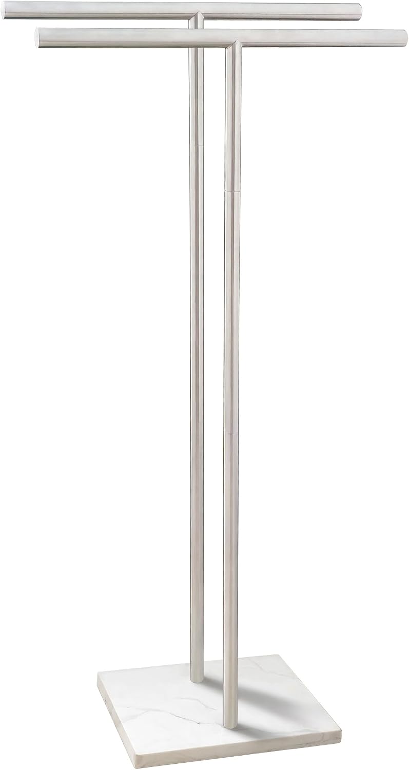 40 Inch Standing Towel Rack Double-T Shape Tall Bath Towel Sheet Holder with Marble Design Base for Bathroom Floor Next to Tub or Shower 2 Tier Towel Holder Stand Stainless Steel Brushed Nickel