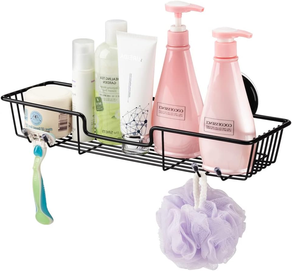 SANNO Suction Cup Shower Caddy Bathroom Caddies Storage Combo Organizer, No Damage Suction Cup,Rustproof Wire Basket for Kitchen Bathroom, Black,pack of 2