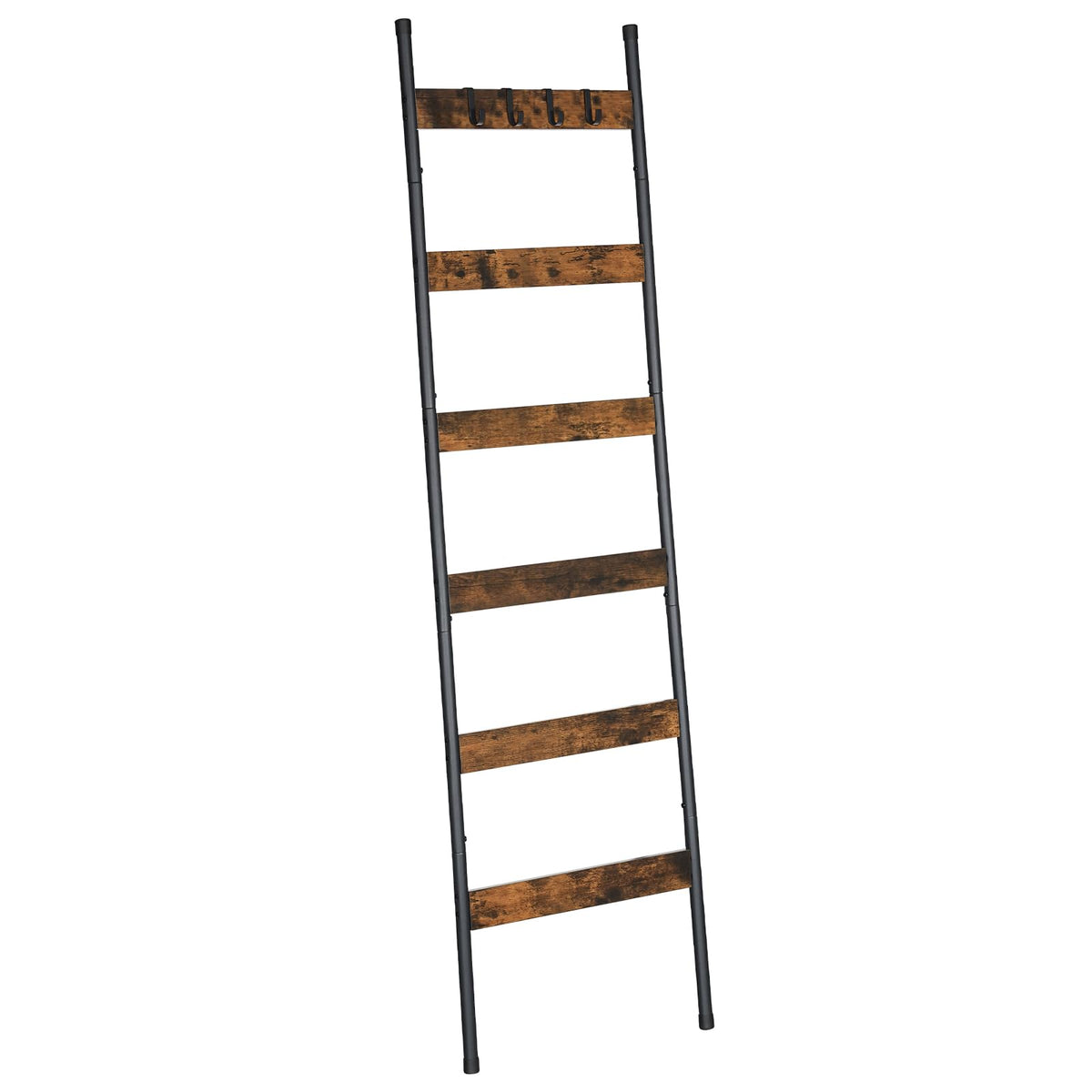 HOOBRO Blanket Ladder, 5-Tier Towel Rack with Hooks, Wall-Leaning Blanket Rack, Decorative Display Ladder Shelf, for Scarves, Industrial, Living Room, Bedroom, Rustic Brown and Black BF52CJ01