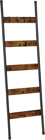 HOOBRO Blanket Ladder, 5-Tier Towel Rack with Hooks, Wall-Leaning Blanket Rack, Decorative Display Ladder Shelf, for Scarves, Industrial, Living Room, Bedroom, Rustic Brown and Black BF52CJ01
