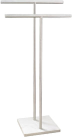 40 Inch Standing Towel Rack Double-T Shape Tall Bath Towel Sheet Holder with Marble Design Base for Bathroom Floor Next to Tub or Shower 2 Tier Towel Holder Stand Stainless Steel Brushed Nickel