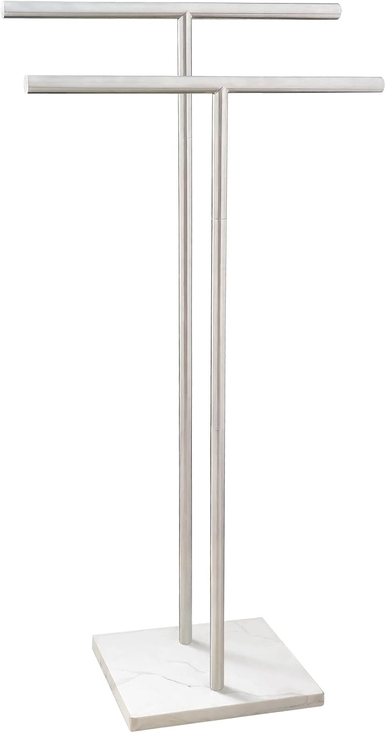 40 Inch Standing Towel Rack Double-T Shape Tall Bath Towel Sheet Holder with Marble Design Base for Bathroom Floor Next to Tub or Shower 2 Tier Towel Holder Stand Stainless Steel Brushed Nickel