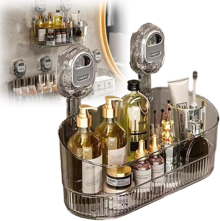 No-Drill Bathroom Suction Storage Box,Large Capacity & Strong Load-Bearing,Removable Shower Basket,Glacier Pattern Suction Cup Shower Caddy Hanging Shower Shelf Organizer (gray 1pcs)