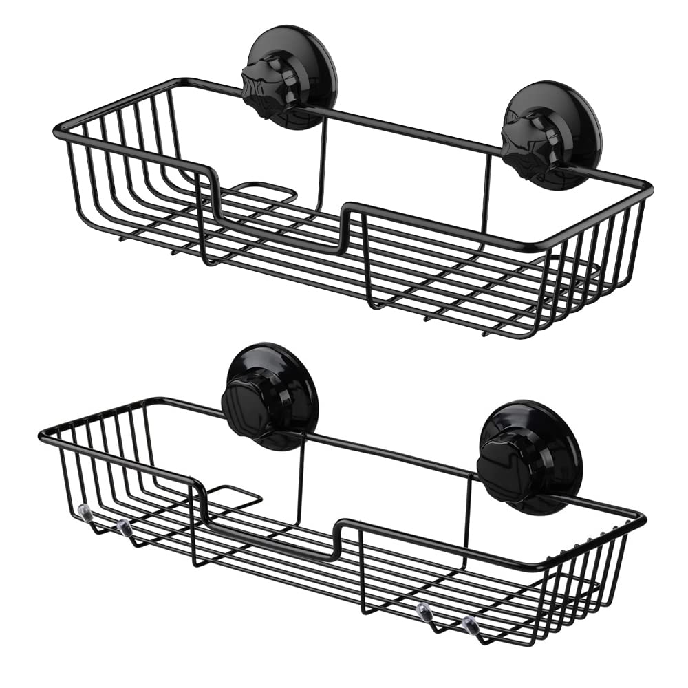 SANNO Suction Cup Shower Caddy Bathroom Caddies Storage Combo Organizer, No Damage Suction Cup,Rustproof Wire Basket for Kitchen Bathroom, Black,pack of 2