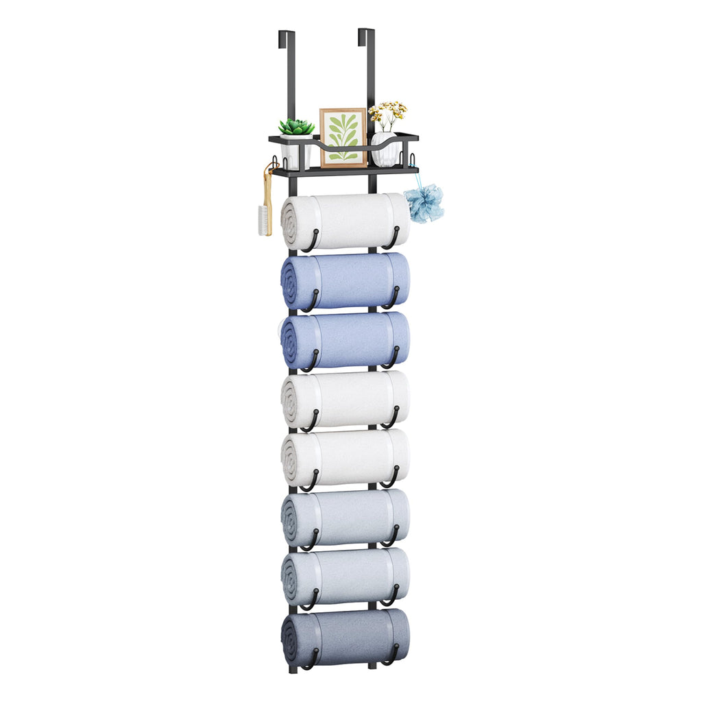 SWTYMIKI Over the Door Towel Rack - 6 Tier Towel Racks for Bathroom Wall Mounted, Towel Holder with Shelf, Hanging Rolled Towel Storage Organizer for Small Bathroom, Camper, RV, Black