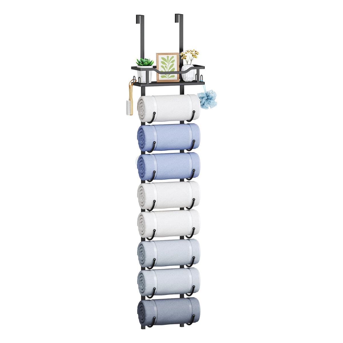 SWTYMIKI Over the Door Towel Rack - 6 Tier Towel Racks for Bathroom Wall Mounted, Towel Holder with Shelf, Hanging Rolled Towel Storage Organizer for Small Bathroom, Camper, RV, Black