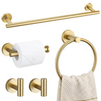 TURS Brushed Gold 5 Piece Bathroom Hardware Set, SUS304 Stainless Steel 24 Inch Bath Towel Bar Set, Round Bathroom Accessories Kit Wall Mounted