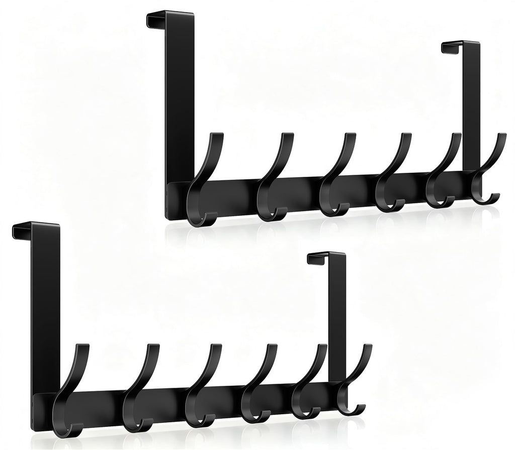 Optish Over The Door Hooks, Door Hanger Hooks for Hanging, Towel Racks for Bathroom with 12 Coat Hook, Coat Rack College Dorm Essentials Bathroom Accessories（1 Pack, Black）