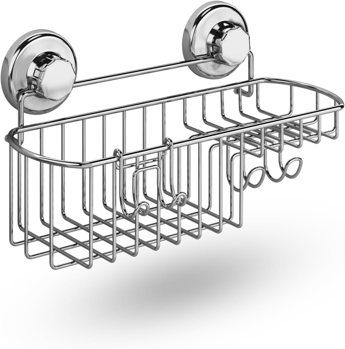 HASKO Suction Cup Shower Caddy Basket for Shampoo, Shower Suction Shelf Organizer, Basket with Soap Holder and Hooks, Stainless Steel Shampoo Holder for Bathroom Storage, Chrome