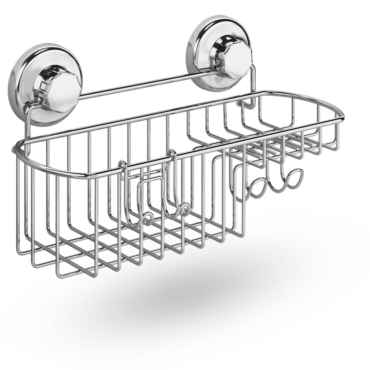 HASKO Suction Cup Shower Caddy Basket for Shampoo, Shower Suction Shelf Organizer, Basket with Soap Holder and Hooks, Stainless Steel Shampoo Holder for Bathroom Storage, Chrome