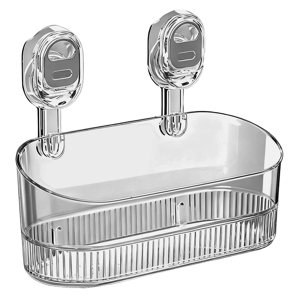 No Drill Bathroom Storage Basket, Suction Cup Shower Shelf, Wall Mounted Organizer for Bathroom Kitchen Home Storage (Transparent)
