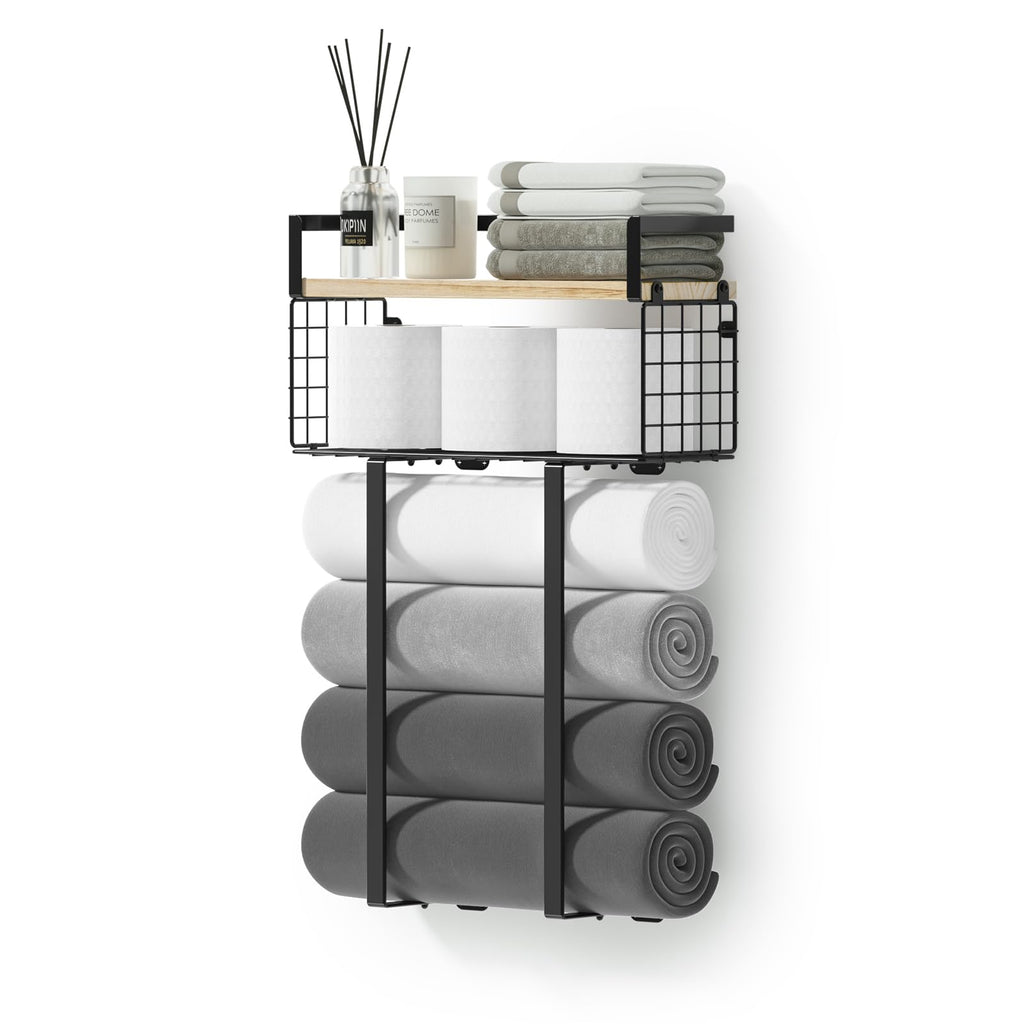 Xstydes Towel Racks for Bathroom, Metal Towel Holder with Storage Basket,Wall Towel Rack for Rolled Towels, Towel Storage for Small Bathroom.