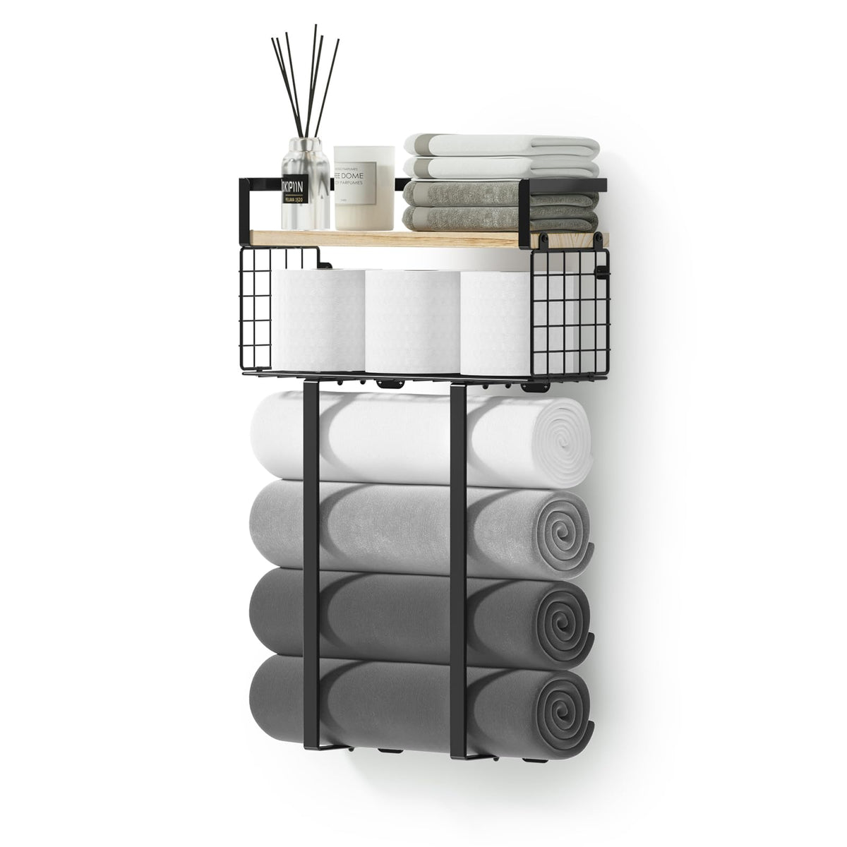 Xstydes Towel Racks for Bathroom, Metal Towel Holder with Storage Basket,Wall Towel Rack for Rolled Towels, Towel Storage for Small Bathroom.