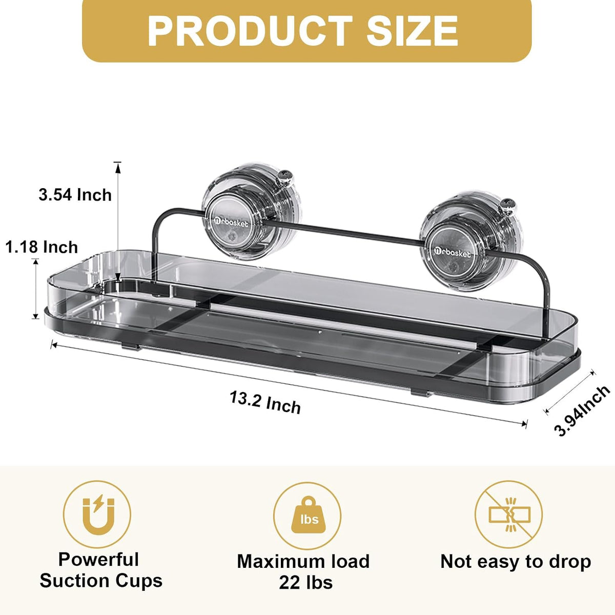 Suction Cup Shower Caddy, Wall Mounted No Drilling Bathroom Shower Organizers Storage Rack, Removable Shelves for Inside the Shower, Black