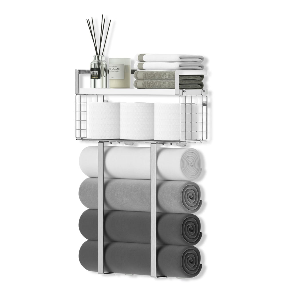 Xstydes Towel Racks for Bathroom, Metal Towel Holder with Storage Basket,Wall Towel Rack for Rolled Towels, Towel Storage for Small Bathroom.