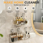 No Drill Bathroom Storage Basket, Suction Cup Shower Shelf, Wall Mounted Organizer for Bathroom Kitchen Home Storage (Transparent)