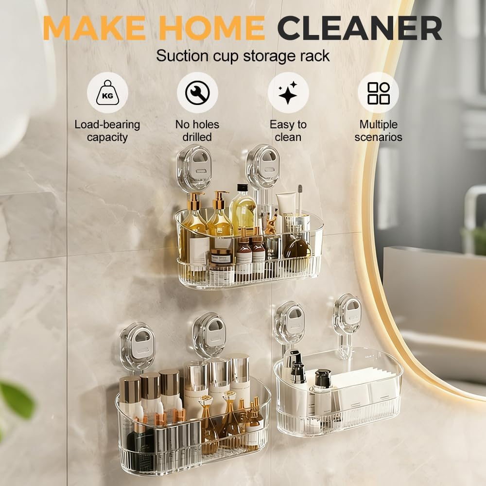 No Drill Bathroom Storage Basket, Suction Cup Shower Shelf, Wall Mounted Organizer for Bathroom Kitchen Home Storage (Transparent)