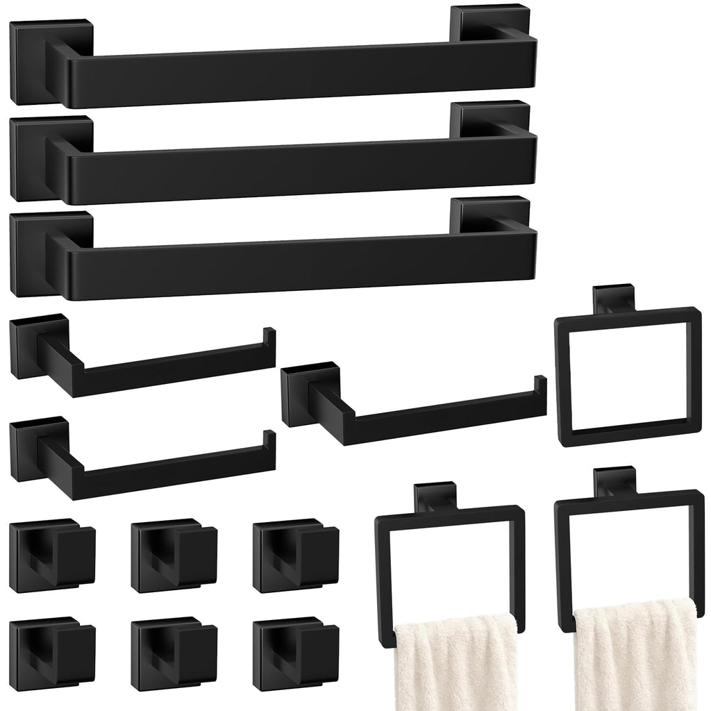5-Pieces Matte Black Bathroom Accessories Set, 16 Inch Bath Towel Bar Set