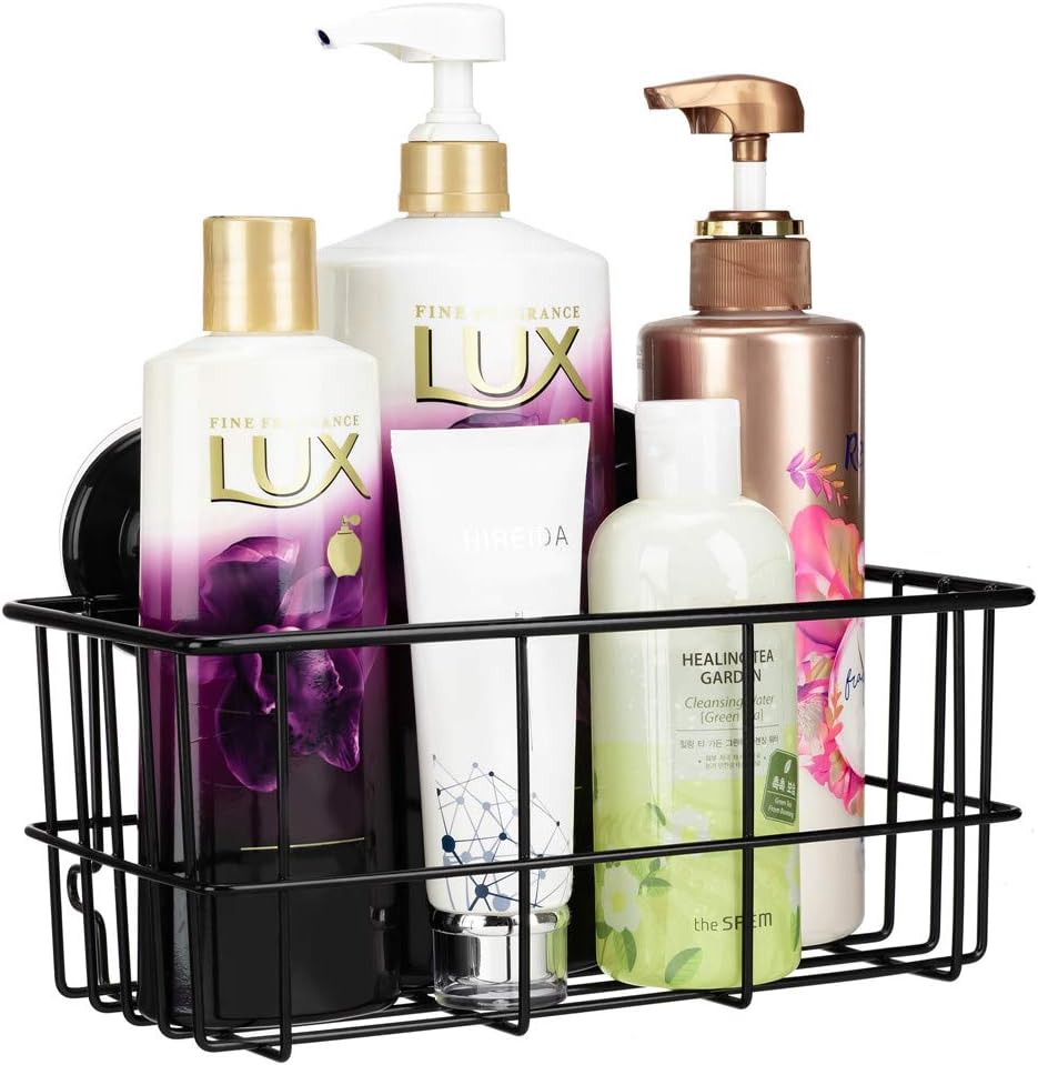 SANNO Suction Cup Shower Caddy Adhesive Deep Bathroom Basket Bath Organizer Kitchen Storage Basket for Gel Holder Bathroom Storage Shampoo, Conditioner,Stainless Steel