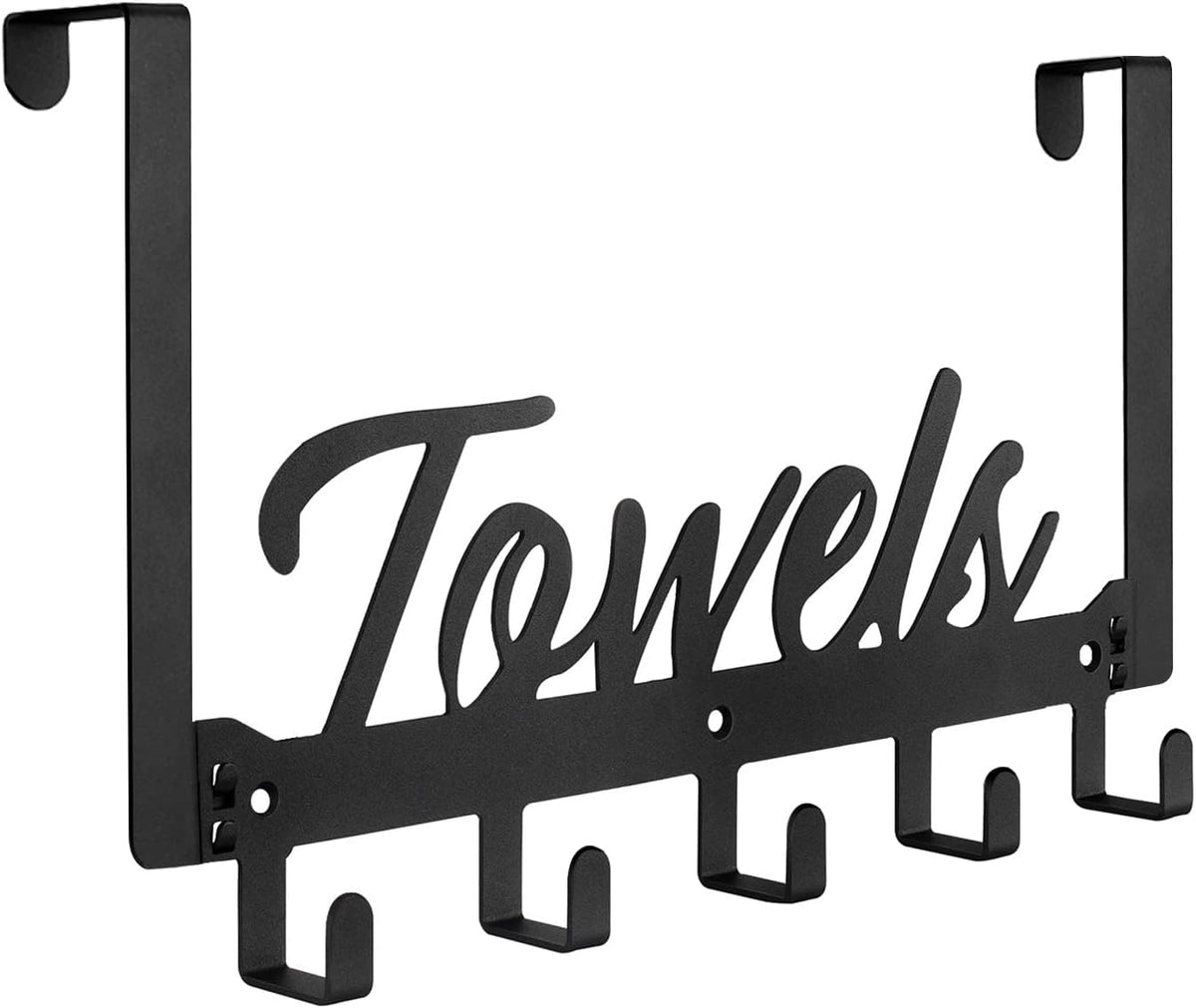 Azmoncy Over The Door Hooks, Towel Rack Towel Hooks for Bathroom, Towel Holder for Hanging Heavy Duty, Door Rack Over Door Hanger with 5 Coat Hooks for Bedroom Bathroom Kitchen, Black