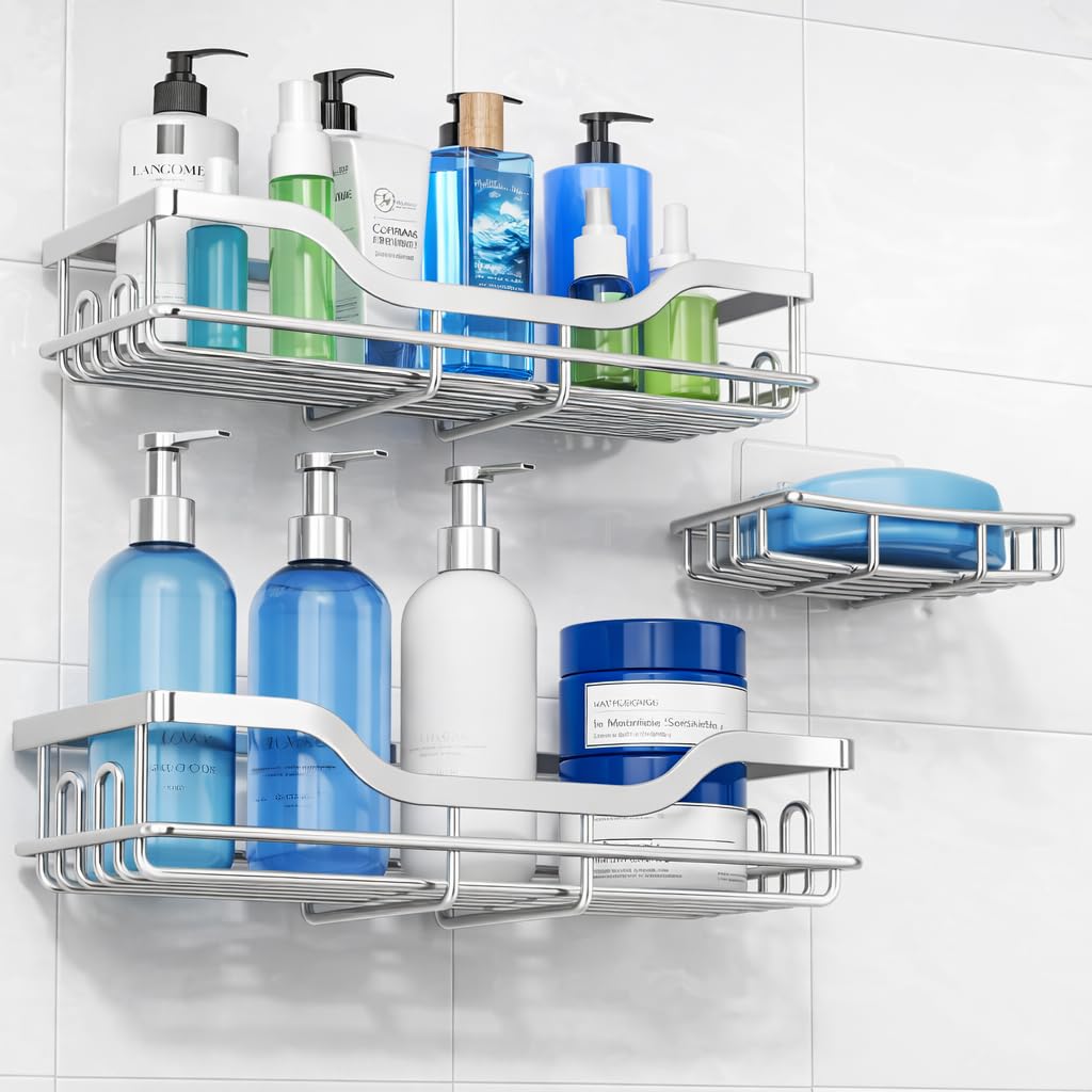 OMAIRA 3-Pack Shower Caddy with Soap Holder, Adhesive Rustproof No-drill Strudy Loading Inside Shower Organizer Shelves Rack Storage Bathroom Organization for Smooth Wall Glass Tile, Black (X-Large)