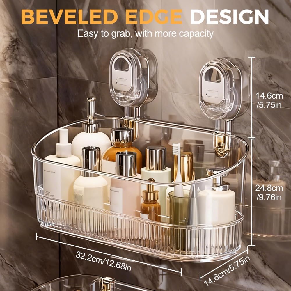 No Drill Bathroom Storage Basket, Suction Cup Shower Shelf, Wall Mounted Organizer for Bathroom Kitchen Home Storage (Transparent)