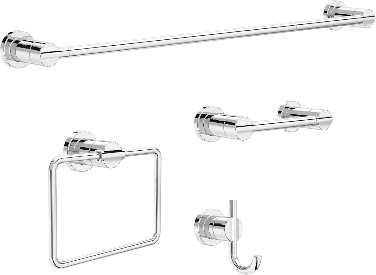 Delta 4-Piece Polished Chrome Bathroom Set Towel Rack, Ring, Toilet Paper Holder, Hook | Nicoli Bath Accessories