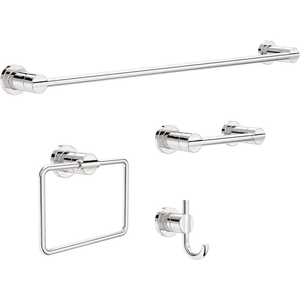 Delta 4-Piece Polished Chrome Bathroom Set Towel Rack, Ring, Toilet Paper Holder, Hook | Nicoli Bath Accessories