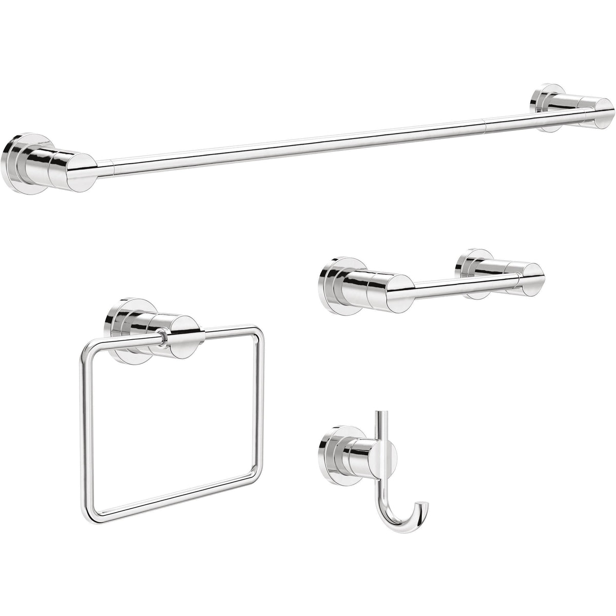 Delta 4-Piece Polished Chrome Bathroom Set Towel Rack, Ring, Toilet Paper Holder, Hook | Nicoli Bath Accessories