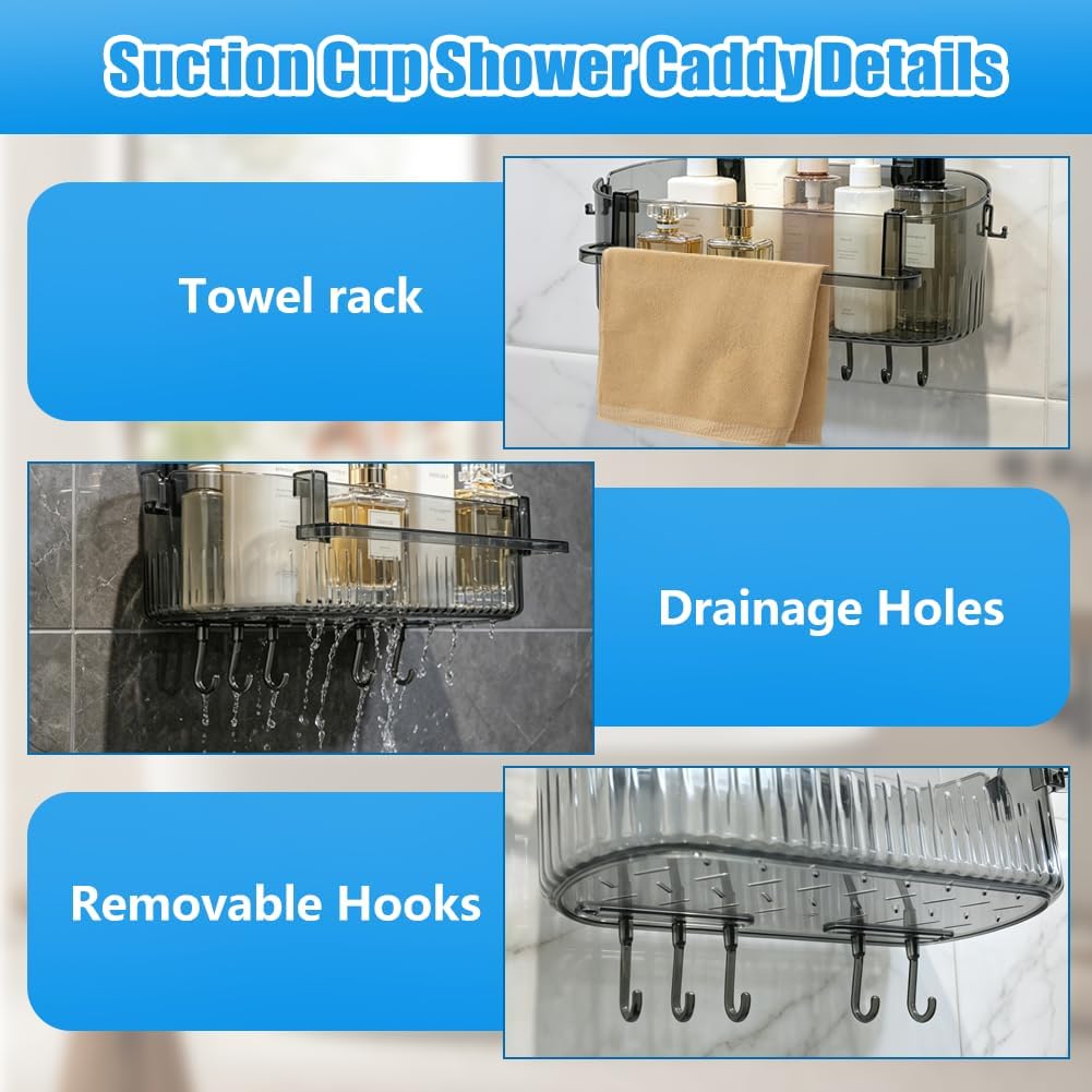 Abnaok 2026 Upgraded Bathroom Suction Storage Box, No Drill Bathroom Shelves with Drain Holes, Towel Rack, and Hooks, Load-Bearing, Removable Suction Cup Shower Caddy for Bathroom, Kitchen