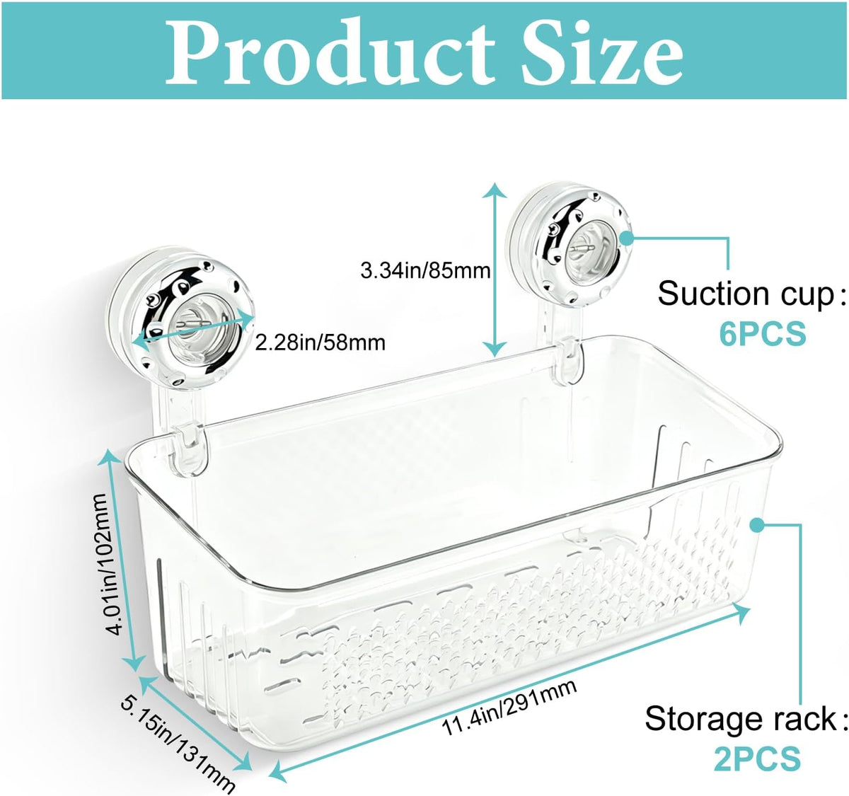 2 Pack Bath Toy Storage Organizer Basket, No Drill Suction Cup Wall Mounted Hanging Shower Basket, Bath Toy Organizer for Bathtub and Bathroom, 6 Suction Cups Included
