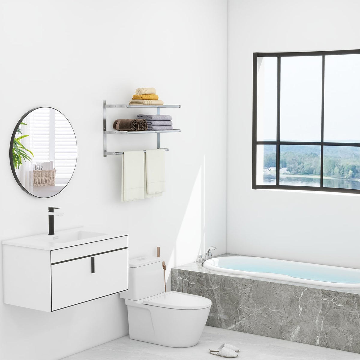 Bethom Bathroom Towel Rack with Bars, 24 Inch Towel Shelf, Brushed Nickel