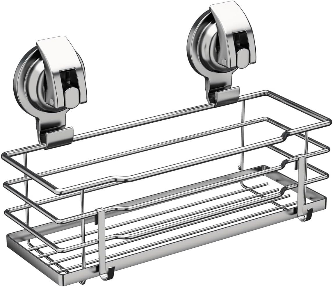 TESOT Suction Cup Shower Caddy, Shower Shelf Soap Dish with Hooks for Razor, Sponge, Rust Proof 304 Stainless Steel, Silver
