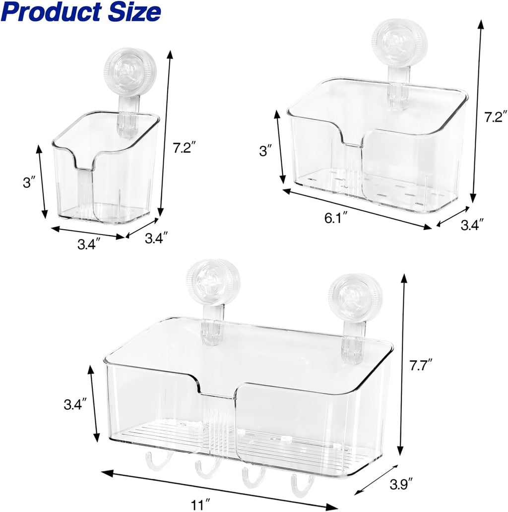 HYBRIDEAS Clear Shower Caddy Suction Cup Shelf Organizer with Hooks Removable Shower Basket Light Luxury Style Punch-Free Dorm Wall Storage Rack for Kitchen Bathroom Set of 3