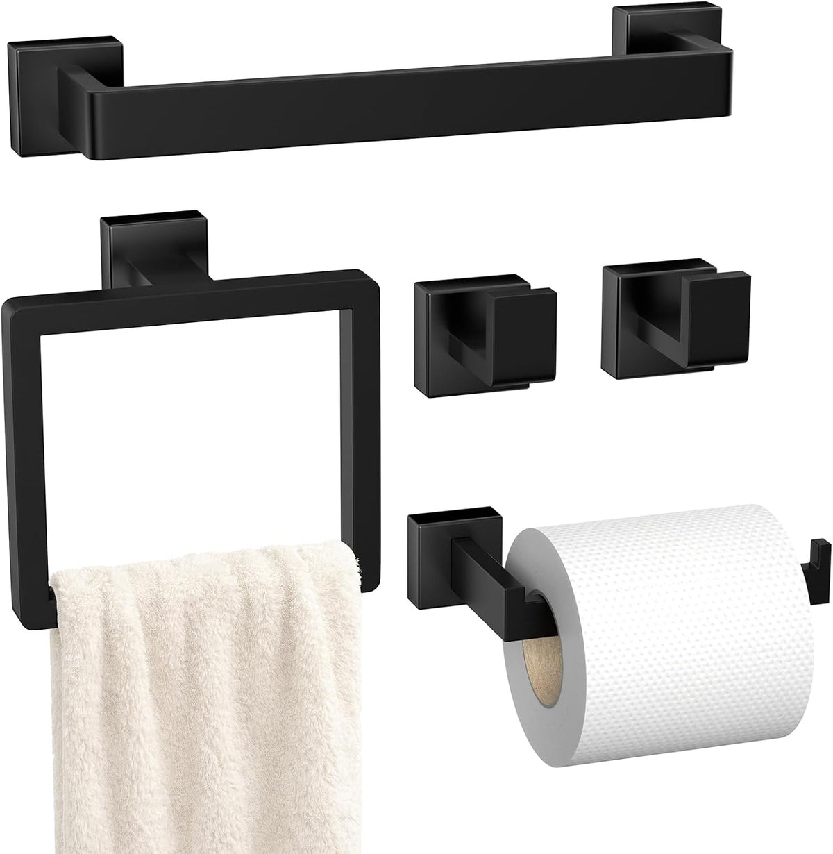 5-Pieces Matte Black Bathroom Accessories Set, 16 Inch Bath Towel Bar Set