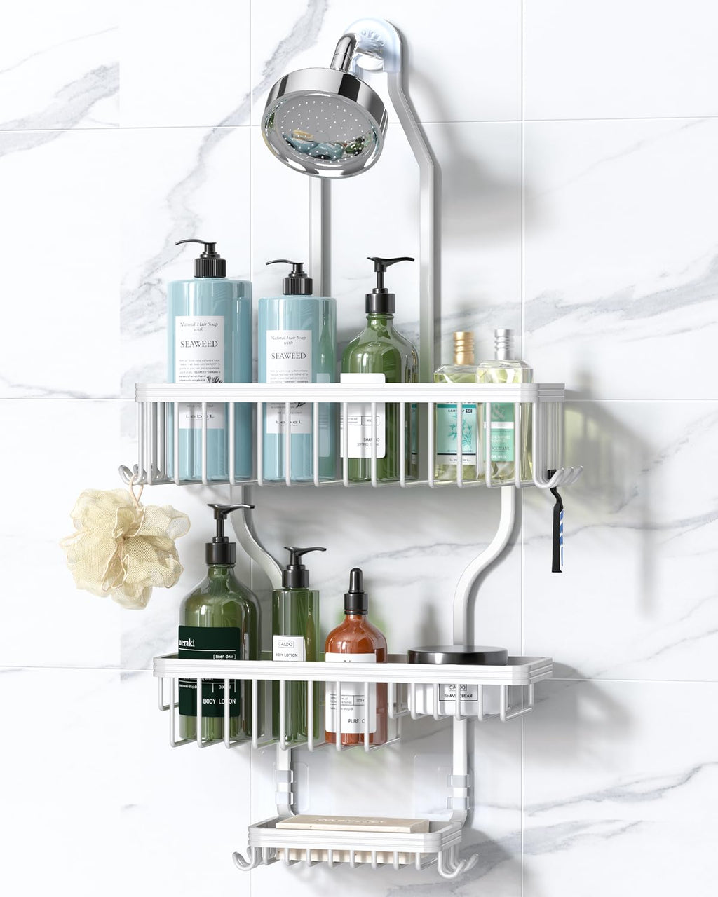 YASONIC Never Rust Shower Caddy Hanging, Aluminum Shower Racks for Inside Shower, 3-Tier Shower Organizer Hanging Over Shower Head with Hooks and Soap Holder, Silver