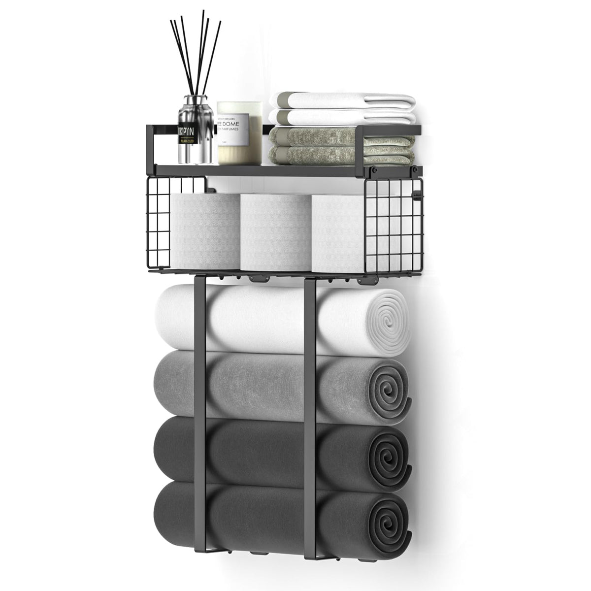 Xstydes Towel Racks for Bathroom, Metal Towel Holder with Storage Basket,Wall Towel Rack for Rolled Towels, Towel Storage for Small Bathroom.