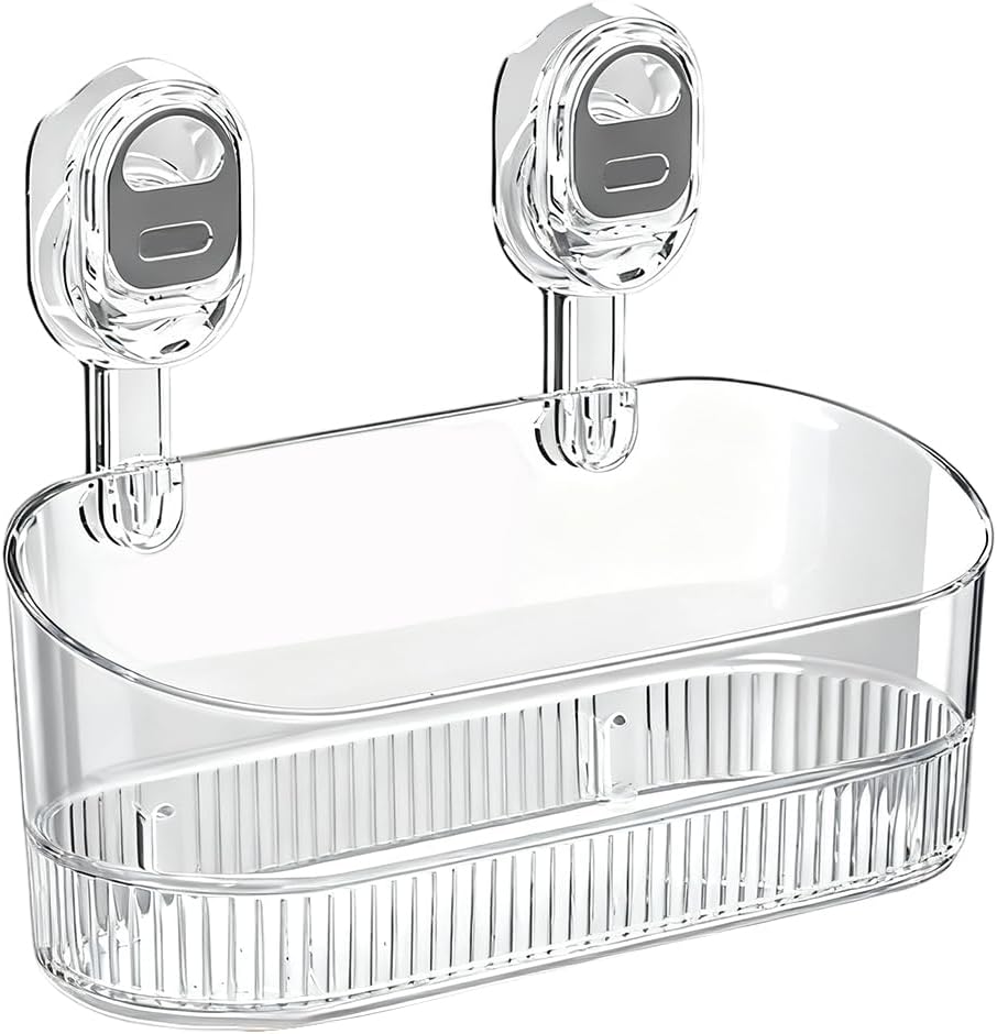 No Drill Bathroom Storage Basket, Suction Cup Shower Shelf, Wall Mounted Organizer for Bathroom Kitchen Home Storage (Transparent)
