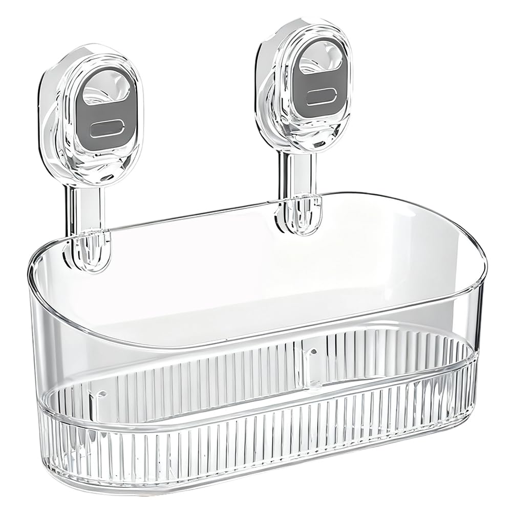 No Drill Bathroom Storage Basket, Suction Cup Shower Shelf, Wall Mounted Organizer for Bathroom Kitchen Home Storage (Transparent)