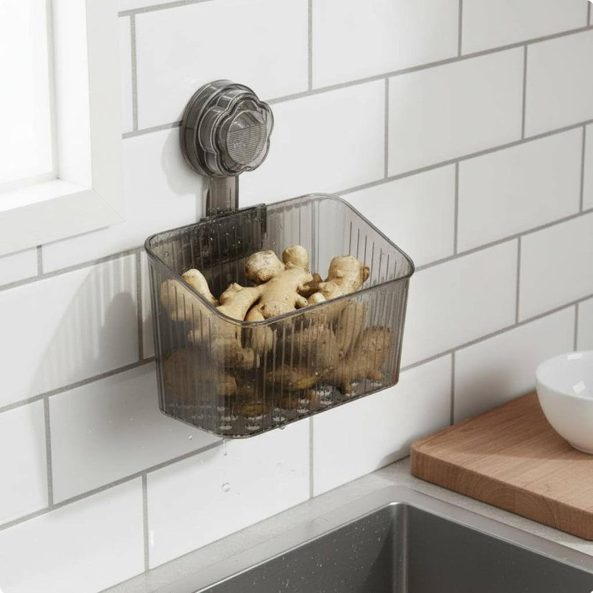 Suction Storage Basket Wall Organizer Bin With Tool Vacuum Installation And Ventilated Base Suitable for apartments showers small, Gray 1 PACK