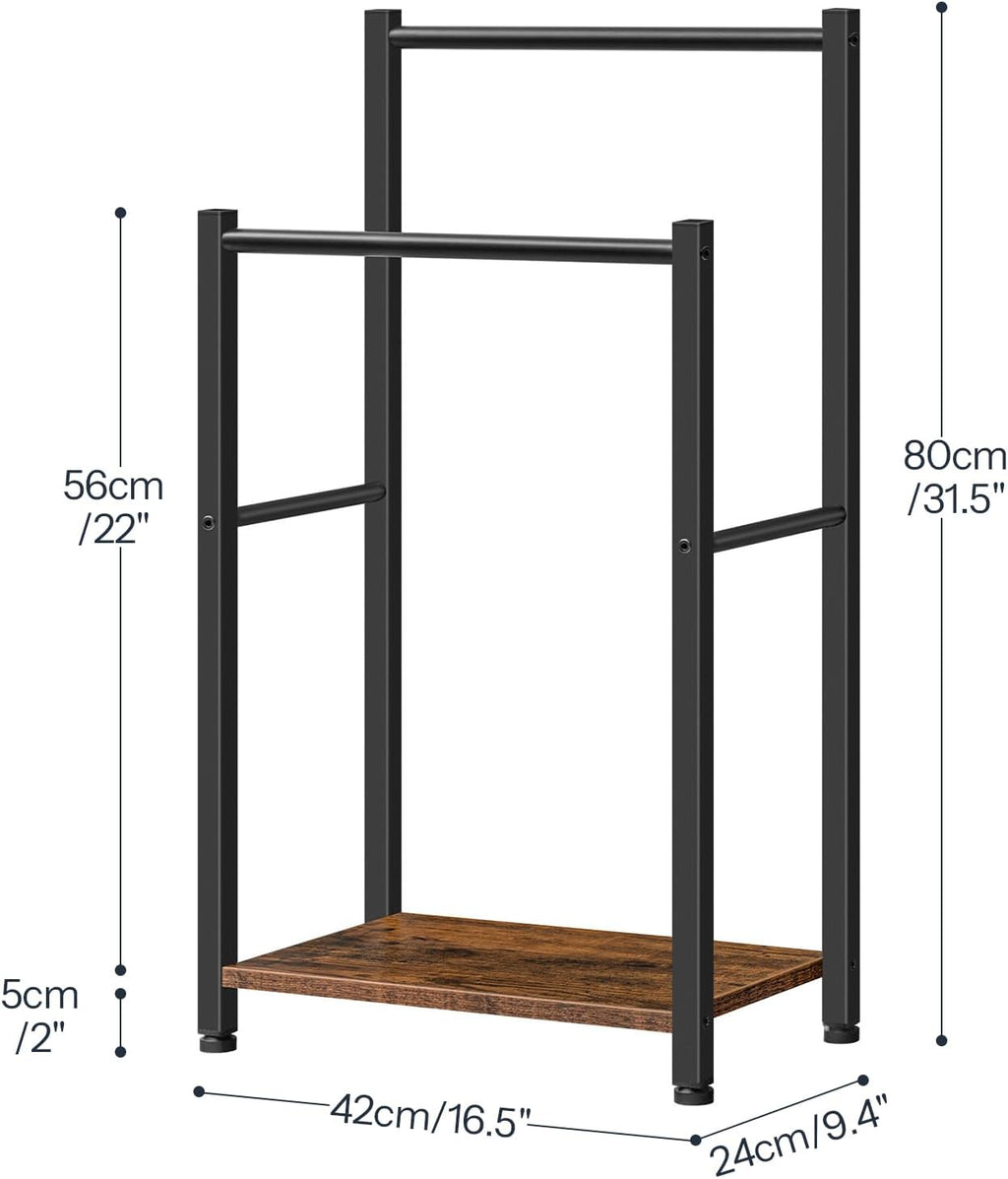 HOOBRO Free Standing Towel Rack for Bathroom, 2 Tier Blanket Rack, 16.5" L x 9.4" W x 31.5" H, Blanket Holder, Drying and Display Rack with Shelf, Rustic Brown and Black BF02LB01