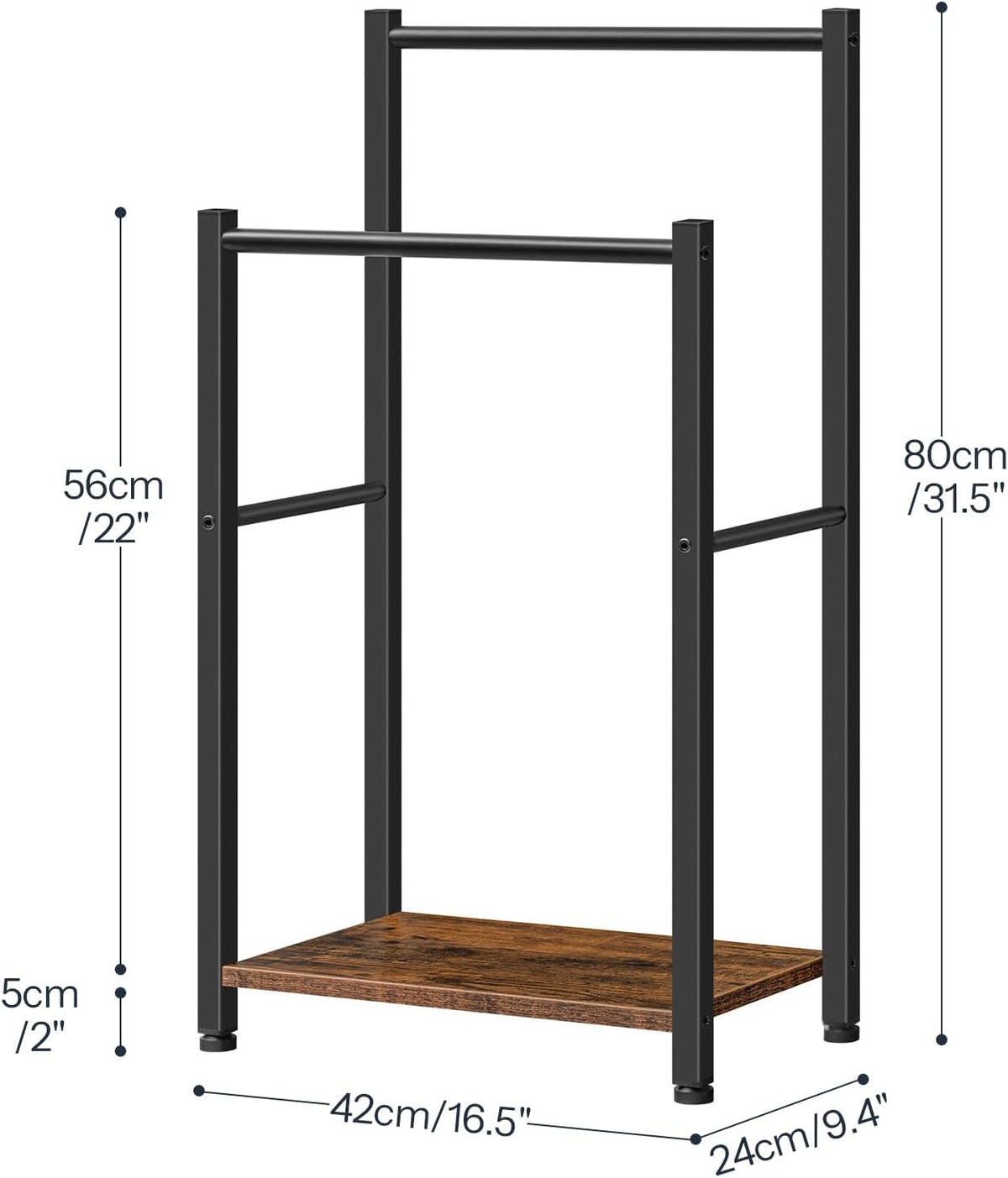 HOOBRO Free Standing Towel Rack for Bathroom, 2 Tier Blanket Rack, 16.5" L x 9.4" W x 31.5" H, Blanket Holder, Drying and Display Rack with Shelf, Rustic Brown and Black BF02LB01