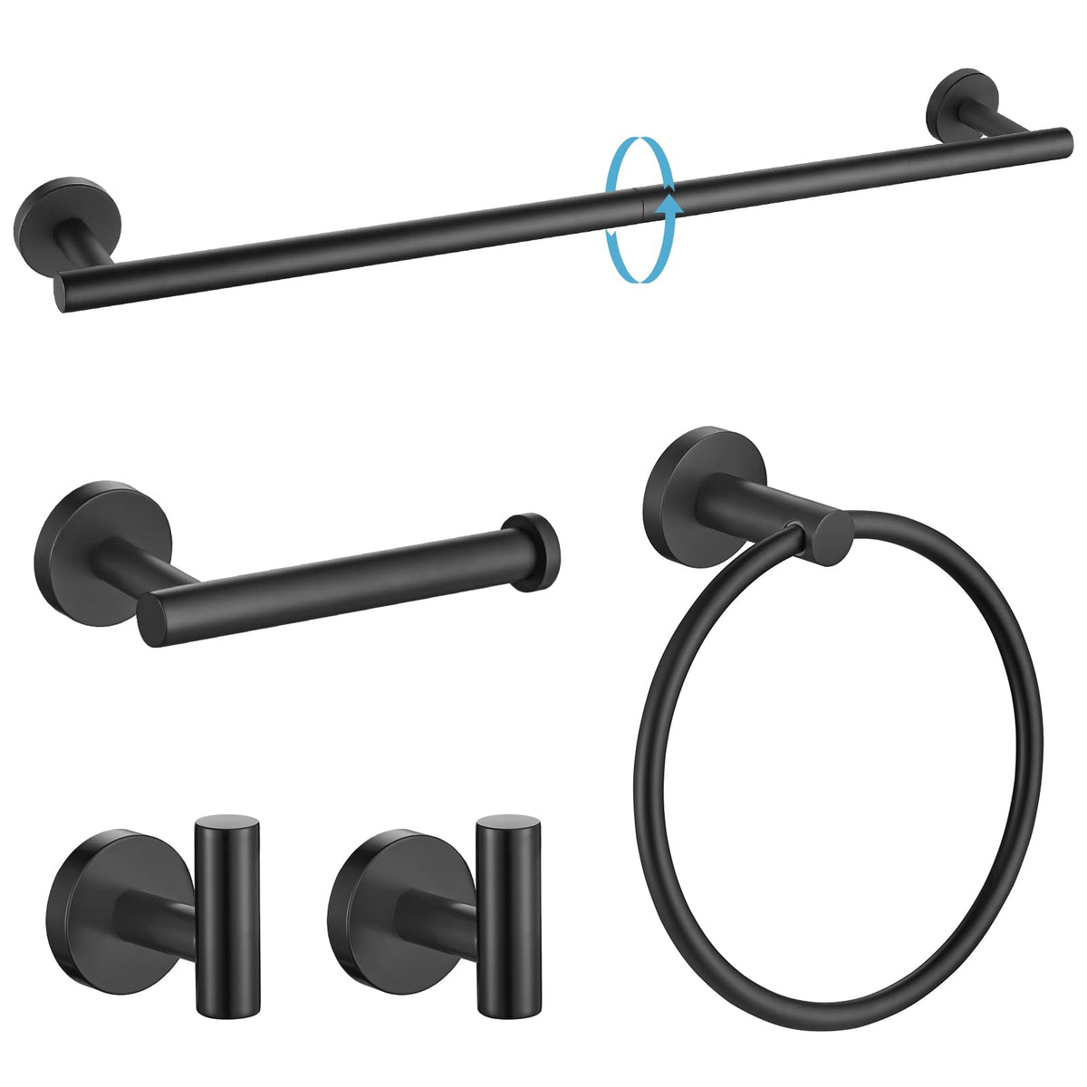 TURS Brushed Gold 5 Piece Bathroom Hardware Set, SUS304 Stainless Steel 24 Inch Bath Towel Bar Set, Round Bathroom Accessories Kit Wall Mounted