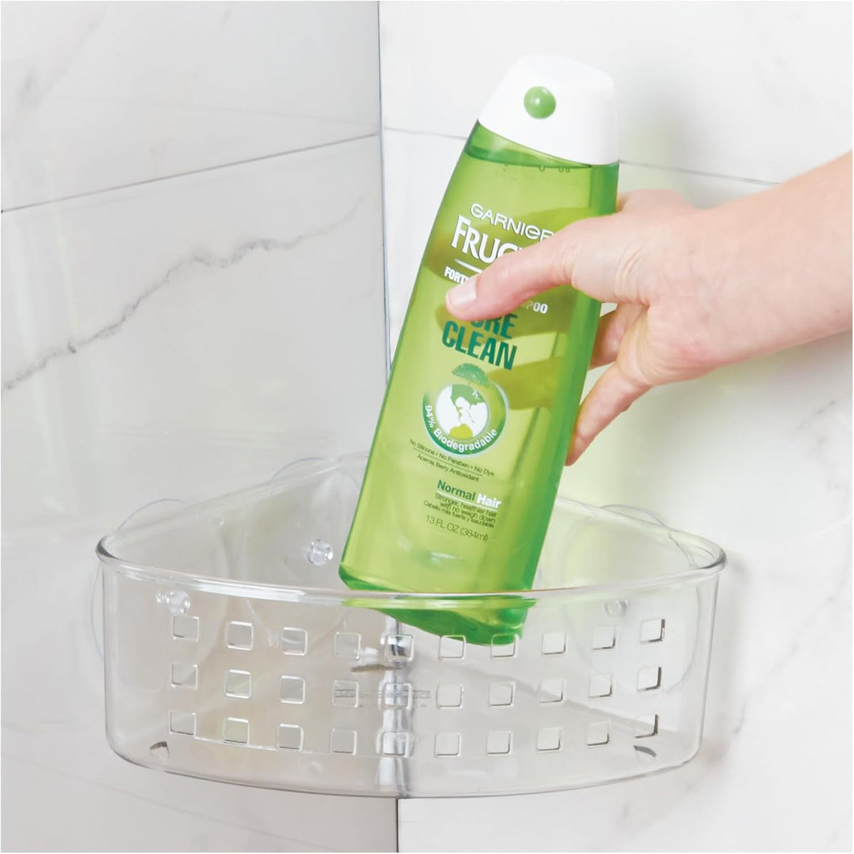 iDesign Plastic Suction Cup Corner Shower Basket, Clear