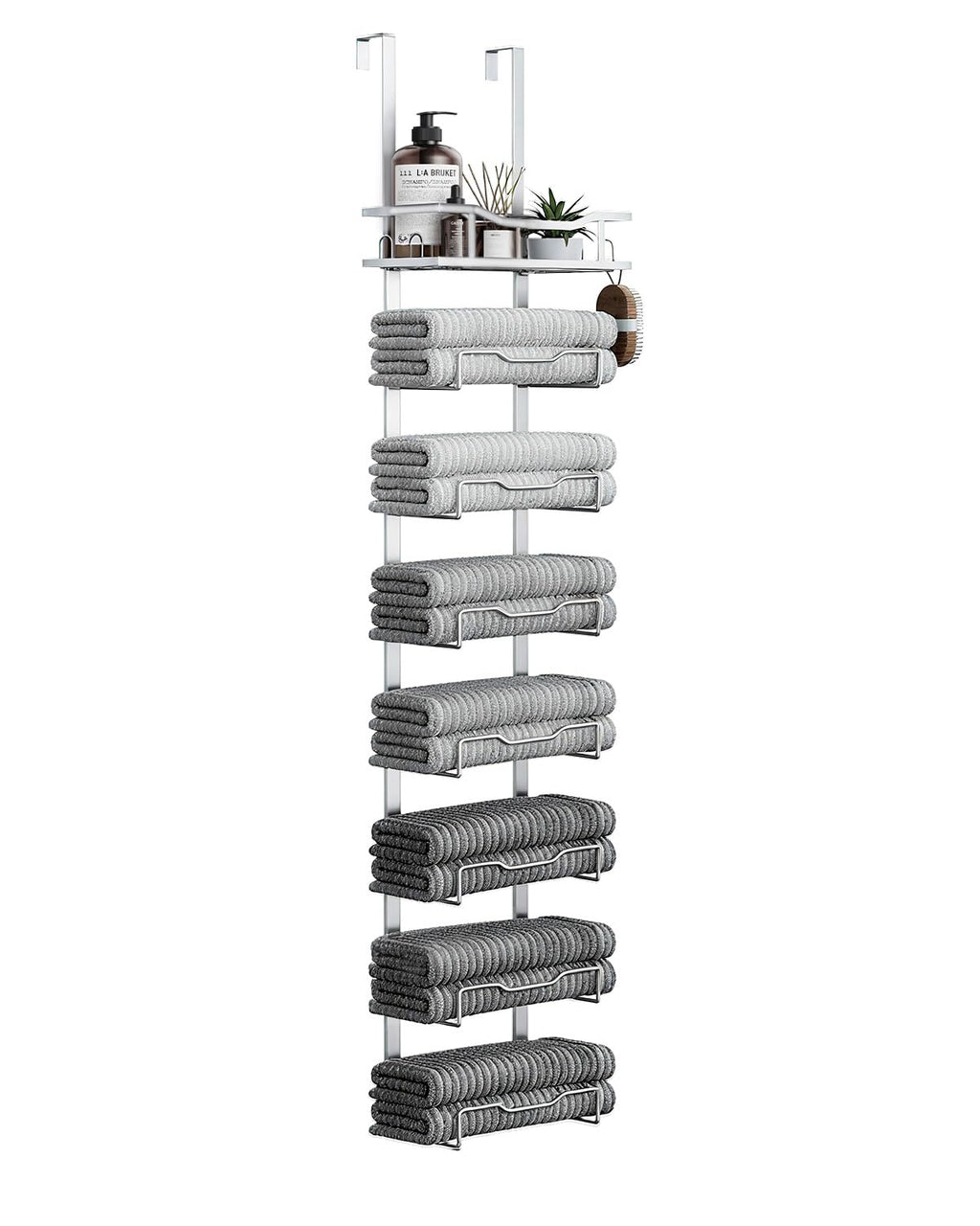 Aetyord Hanging Towel Racks for Bathroom No Drill - 6-Tier Over The Door Bath Towel Storage Organizer for Small Bathrooms - Tiered Back of Door Towel Holder Hanger for Rolled Towels RV Camper Black