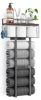 Aetyord Towel Racks for Bathroom 31inch Wall Mounted Towel Rack,Floating Shelf with Wood Plank,Towel Storage for Bathroom can Holds 6 Large Rolled Towels,All Black