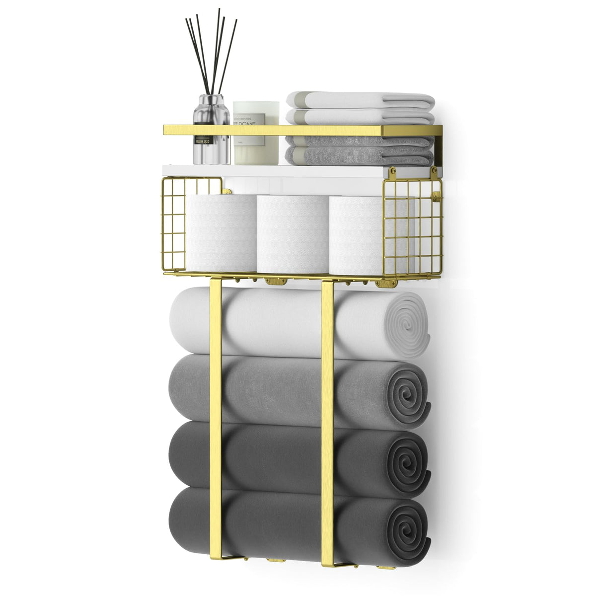 Xstydes Towel Racks for Bathroom, Metal Towel Holder with Storage Basket,Wall Towel Rack for Rolled Towels, Towel Storage for Small Bathroom.