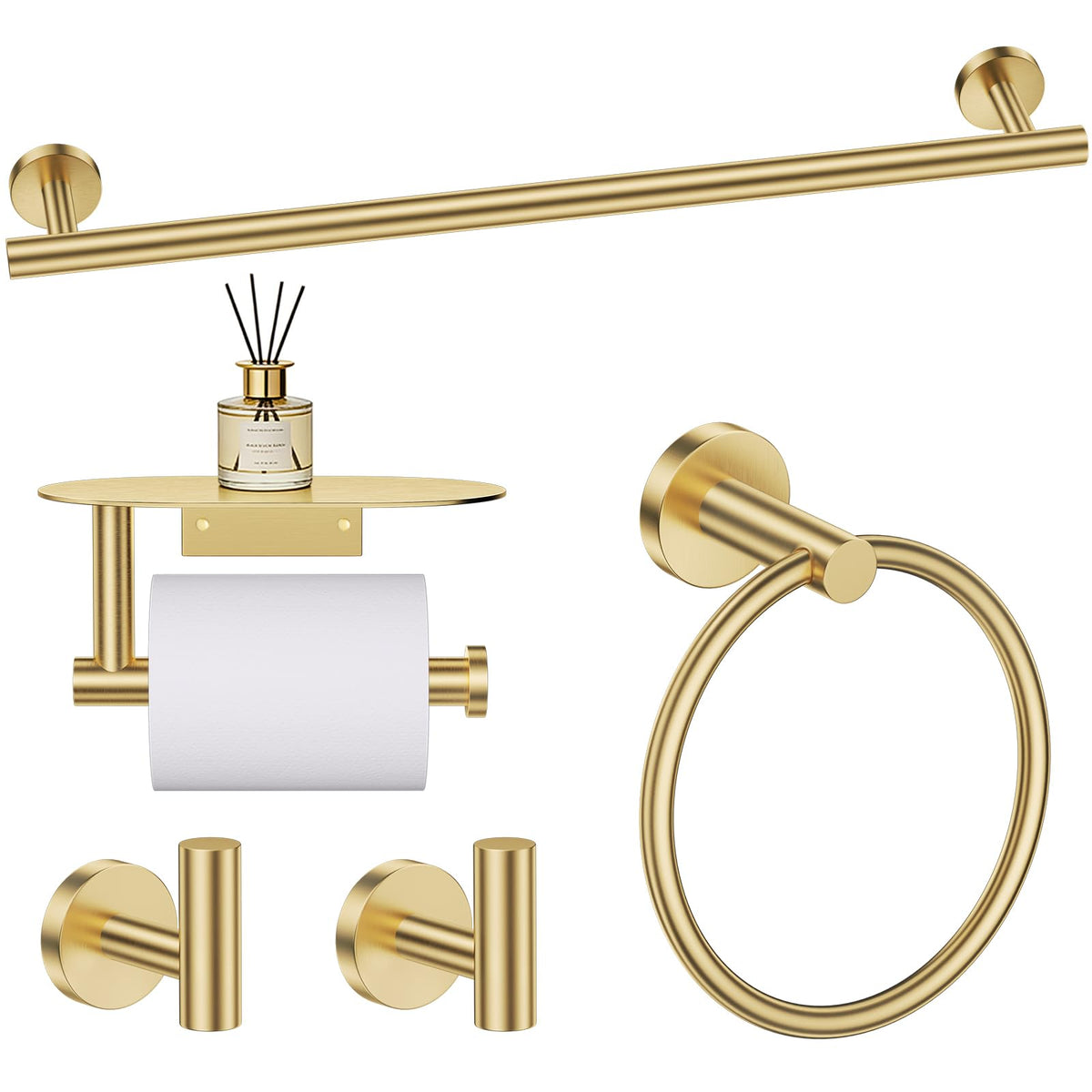 TURS Brushed Gold 5 Piece Bathroom Hardware Set, SUS304 Stainless Steel 24 Inch Bath Towel Bar Set, Round Bathroom Accessories Kit Wall Mounted