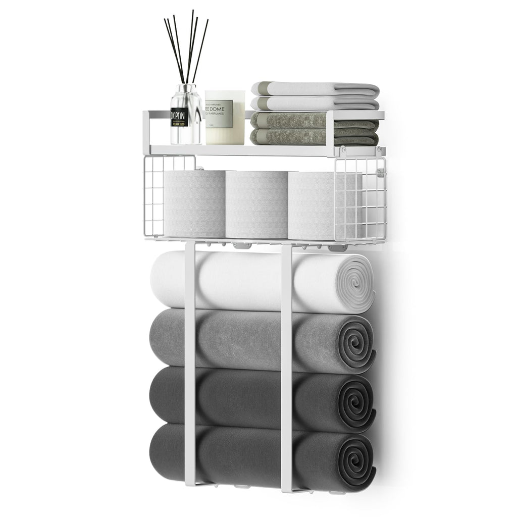 Xstydes Towel Racks for Bathroom, Metal Towel Holder with Storage Basket,Wall Towel Rack for Rolled Towels, Towel Storage for Small Bathroom.